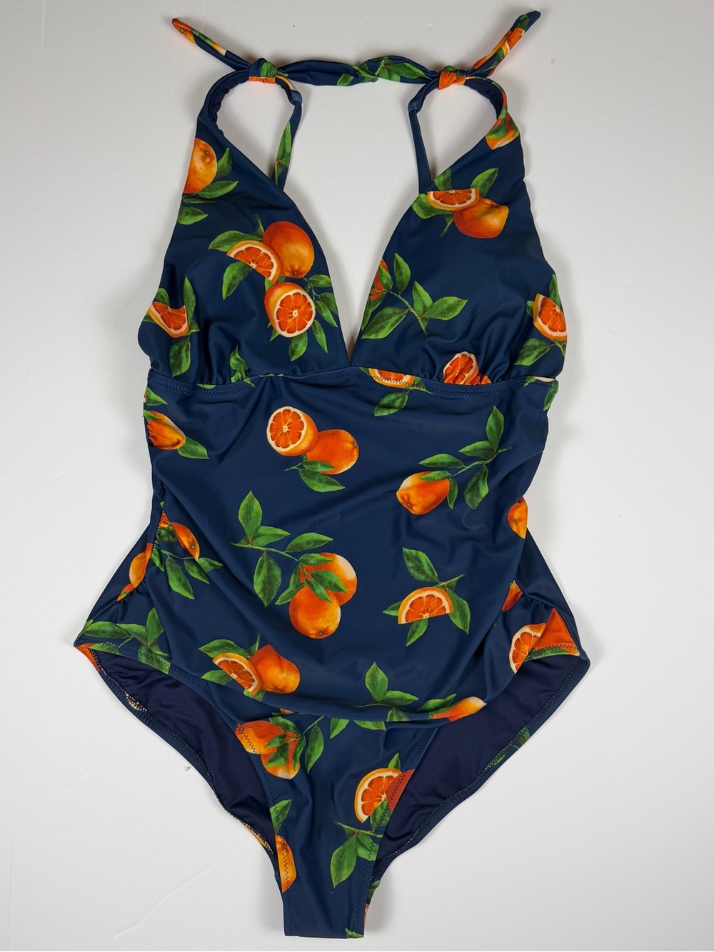 Old Navy Orange Fruit Print One Piece Swimsuit Blue Halter XL NWT